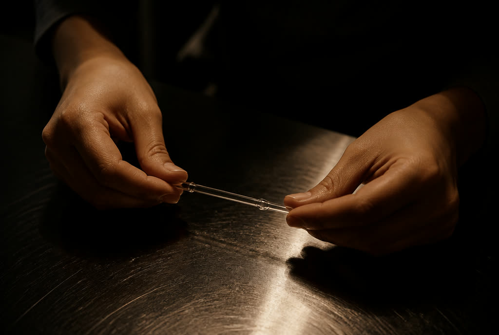 A scent strip held over a dark counter